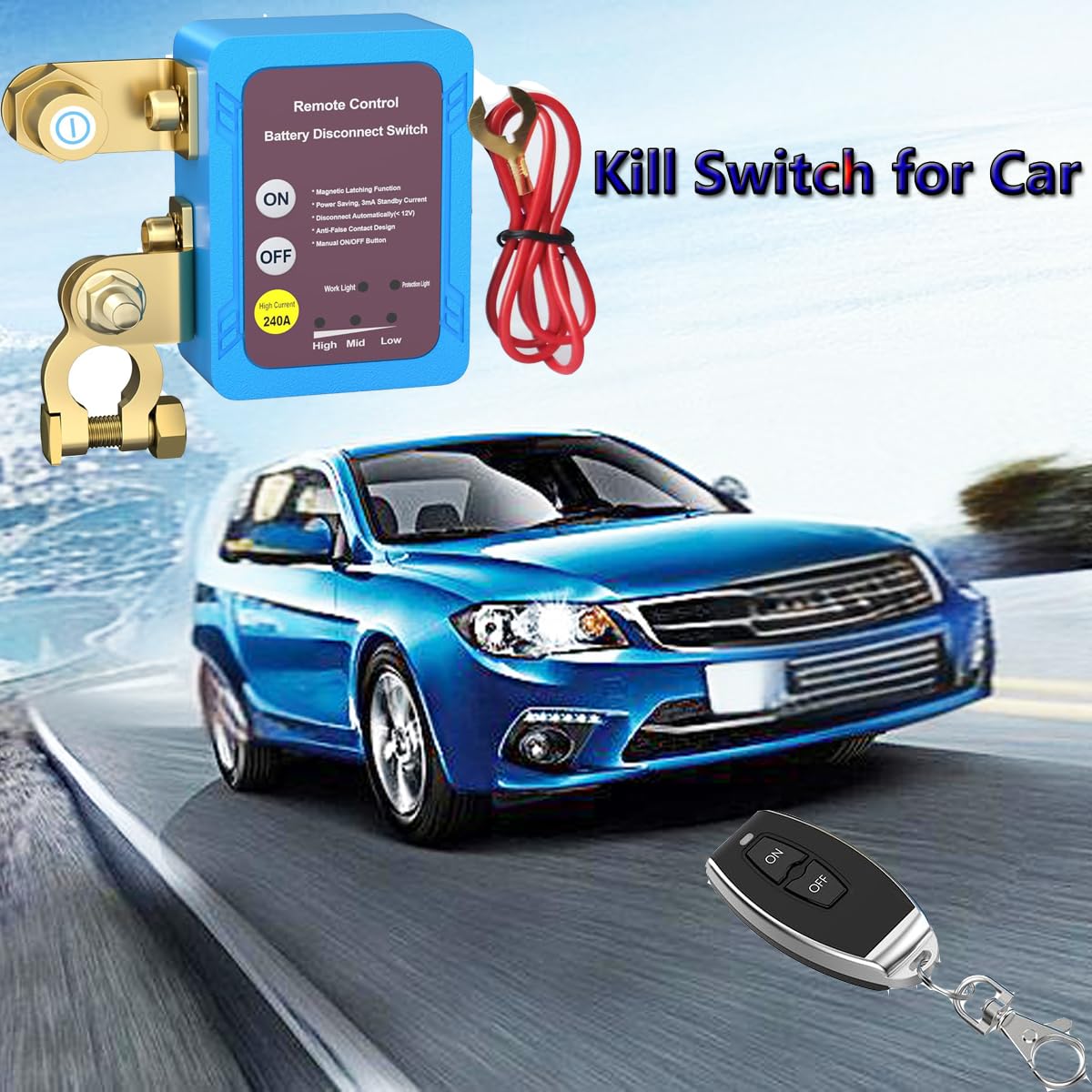 Remote Control of Car Devices for Anti-Theft Safety, 12V 240A Car Battery Kill Switch, Remote Battery Disconnect Cut Off Switch for Auto RV Truck Boat Anti Theft