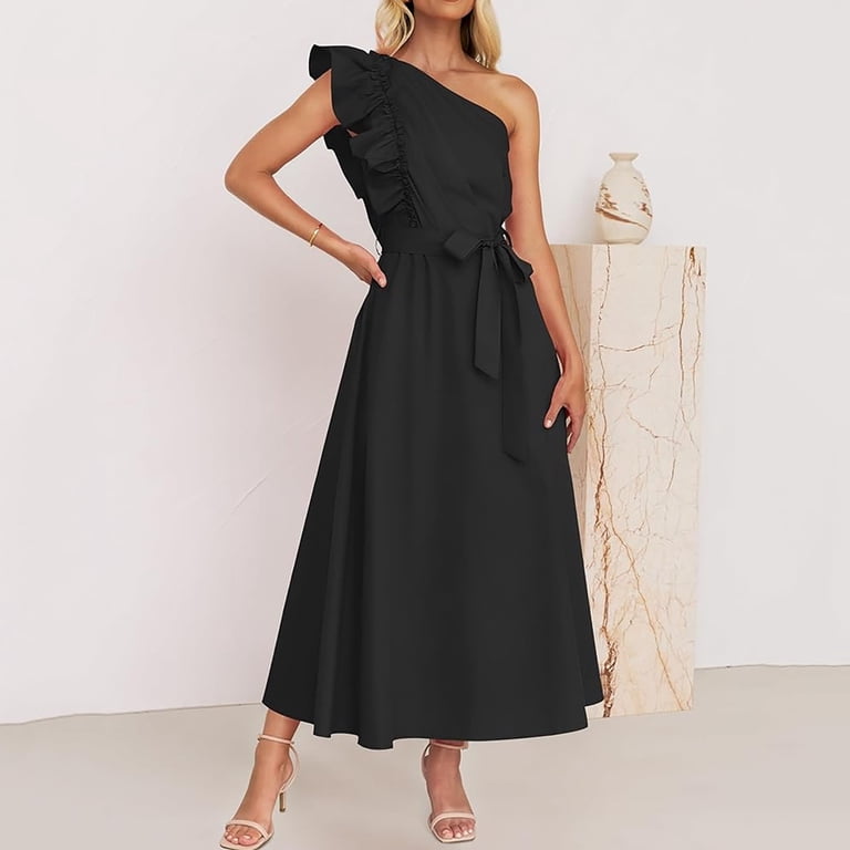 black flowy one shoulder dress Ruffled One-Shoulder A-Line Chiffon Bridesmaid Dress in Black, Black / 2