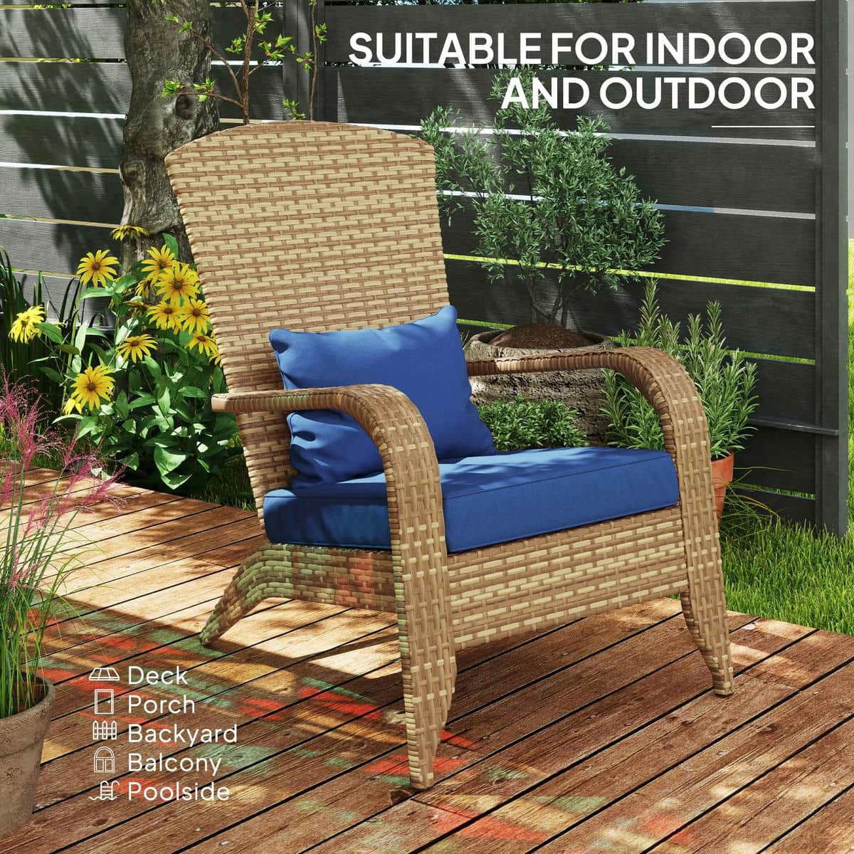 Spaco Patio Adirondack Chair with Rattan Wicker, Rattan Chair with Soft Cushions and Tall Curved Backrest for Outdoor, Dark Blue