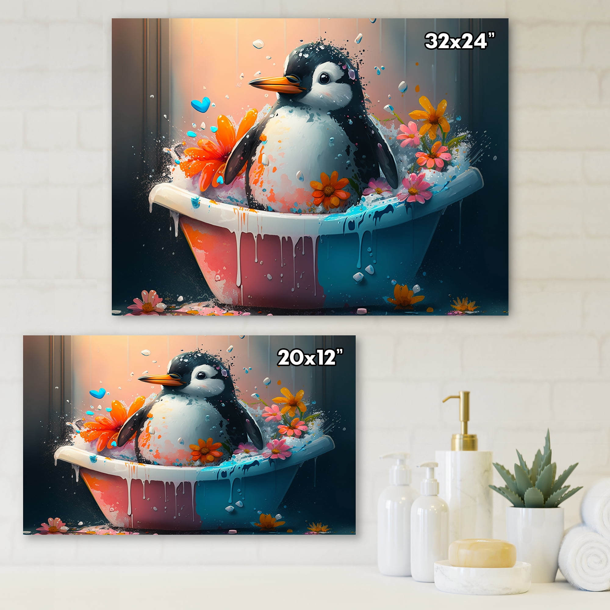 Designart Silly Penguin Bathing With Blooming Flowers II Canvas Wall Art