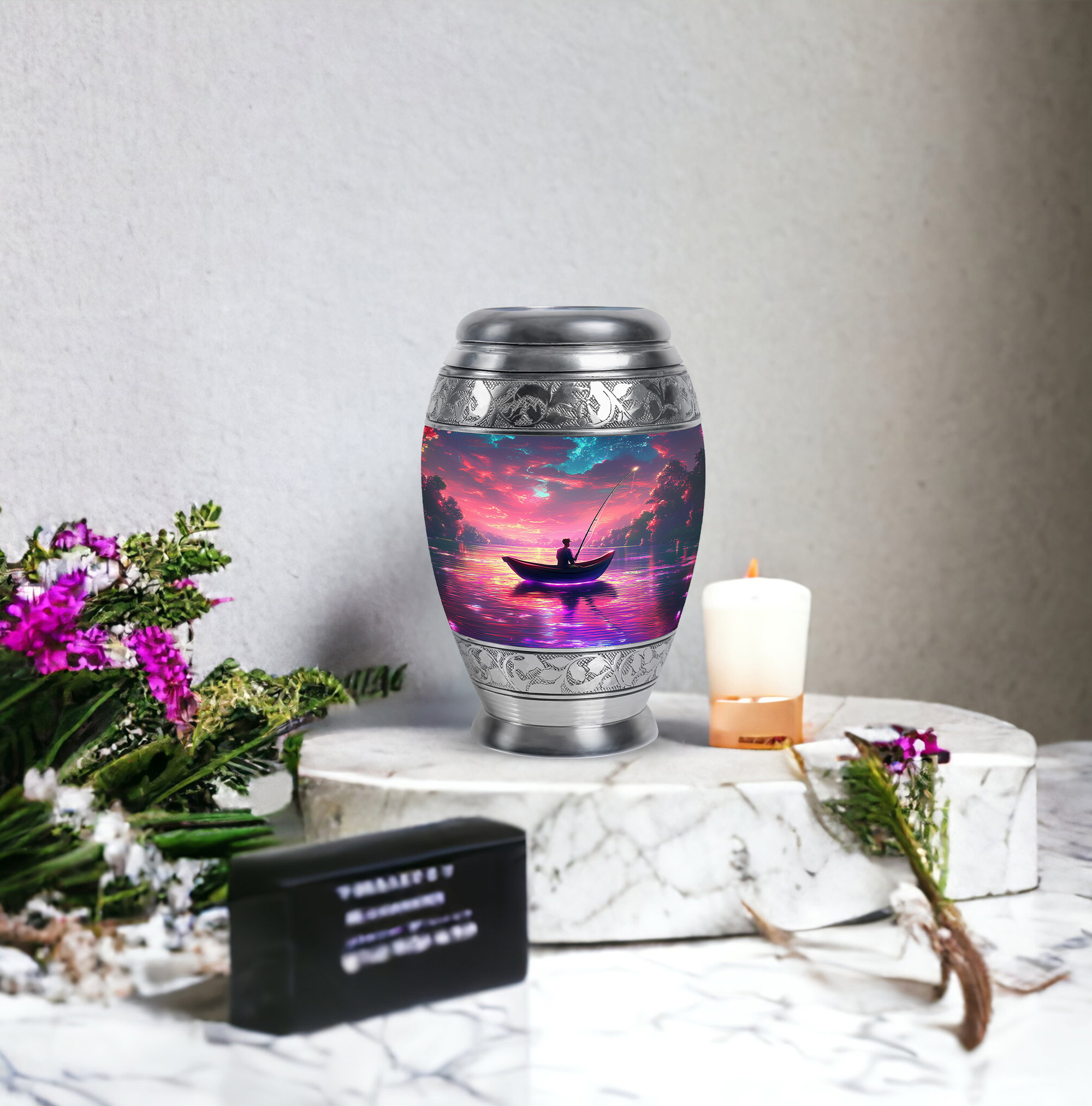 JAGASY Fishing Mini Urn for Girl - Pink Small Urn for Ashes Adult Male - Sunset Water Boat Decorative Memorial Urns - Keepsake Cremation Urns for Friends - (3 Inch)