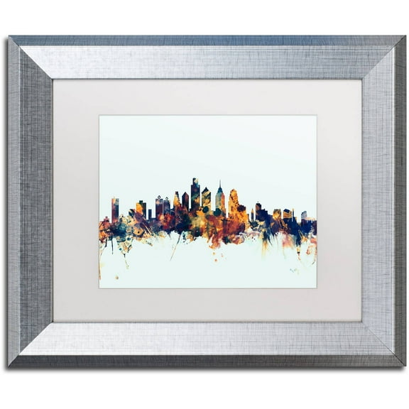 Trademark Fine Art "Philadelphia PA Skyline Blue" Canvas Art by Michael Tompsett, White Matte, Silver Frame