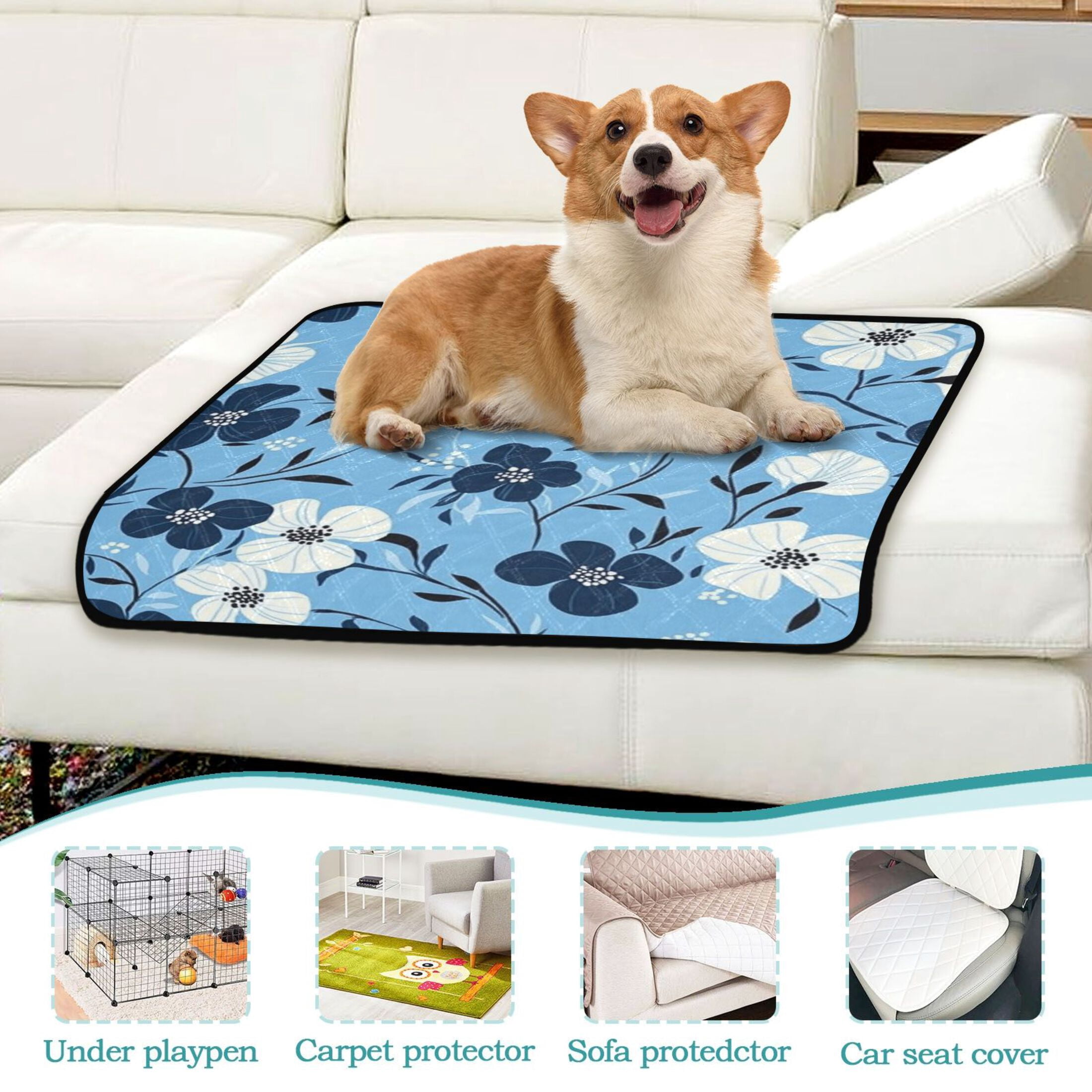 Washable Pet Pee Pads with Super Absorbent Reusable Training Pads for Dogs & Cats White and Navy Blue Flowers