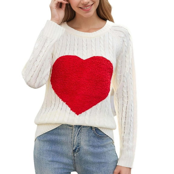 GUZOM Sweaters Womens Beige Cable Knit Sweater with Plush Red Heart - 100% Polyester Crew Neck Long Sleeve, Loose Fit for Casual Daily/Holiday Wear (S-XL),Size M