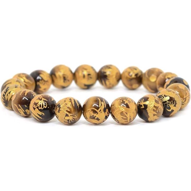 Angelstones Bracelet Extensible Il de Tigre Dragon Doré 10mm Perles Rondes 7 Pouces Unisexe