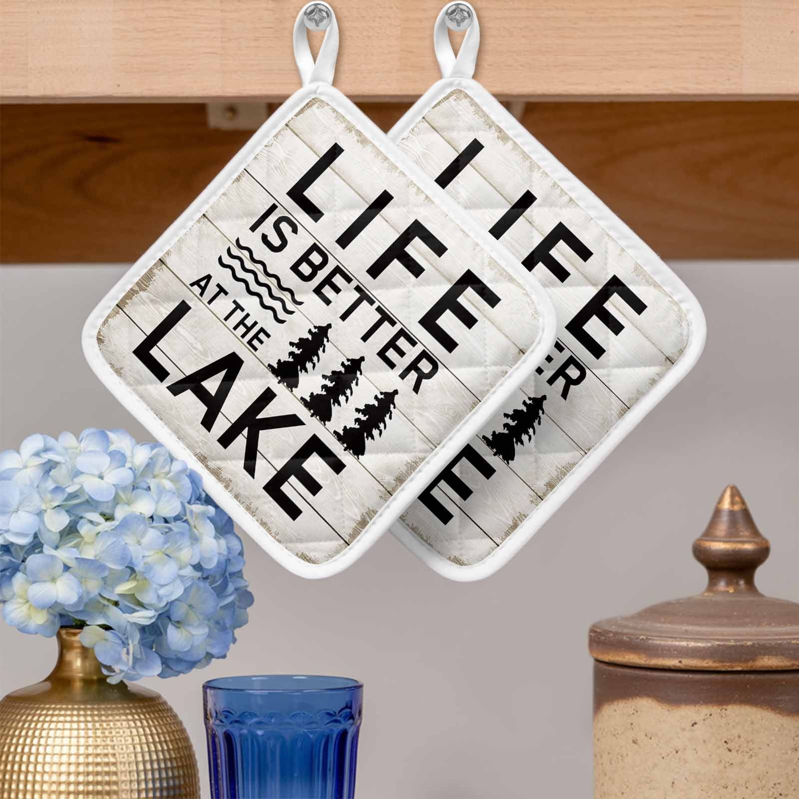 Life Is Better at The Lake Pot Holders for Kitchen Heatproof Potholder, 5 Pack Rustic Black Artistic Aesthetics Hot Pads Multipurpose Oven Pads Cloth Potholders Trivet for Cooking Baking