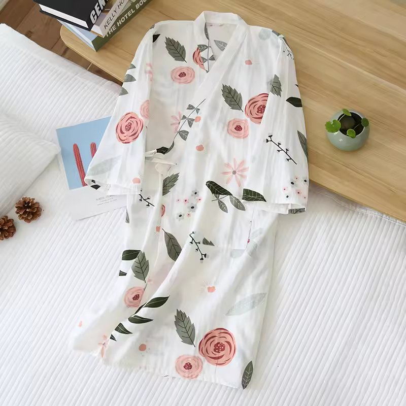 thumbnail image 1 of Albornoz de camisón de kimono japonés - Estilo tradicional 100% algodón Vestido de casa de primavera y verano Bata de sauna Ropa de dormir fina y liviana para hombres y mujeres, 1 of 4