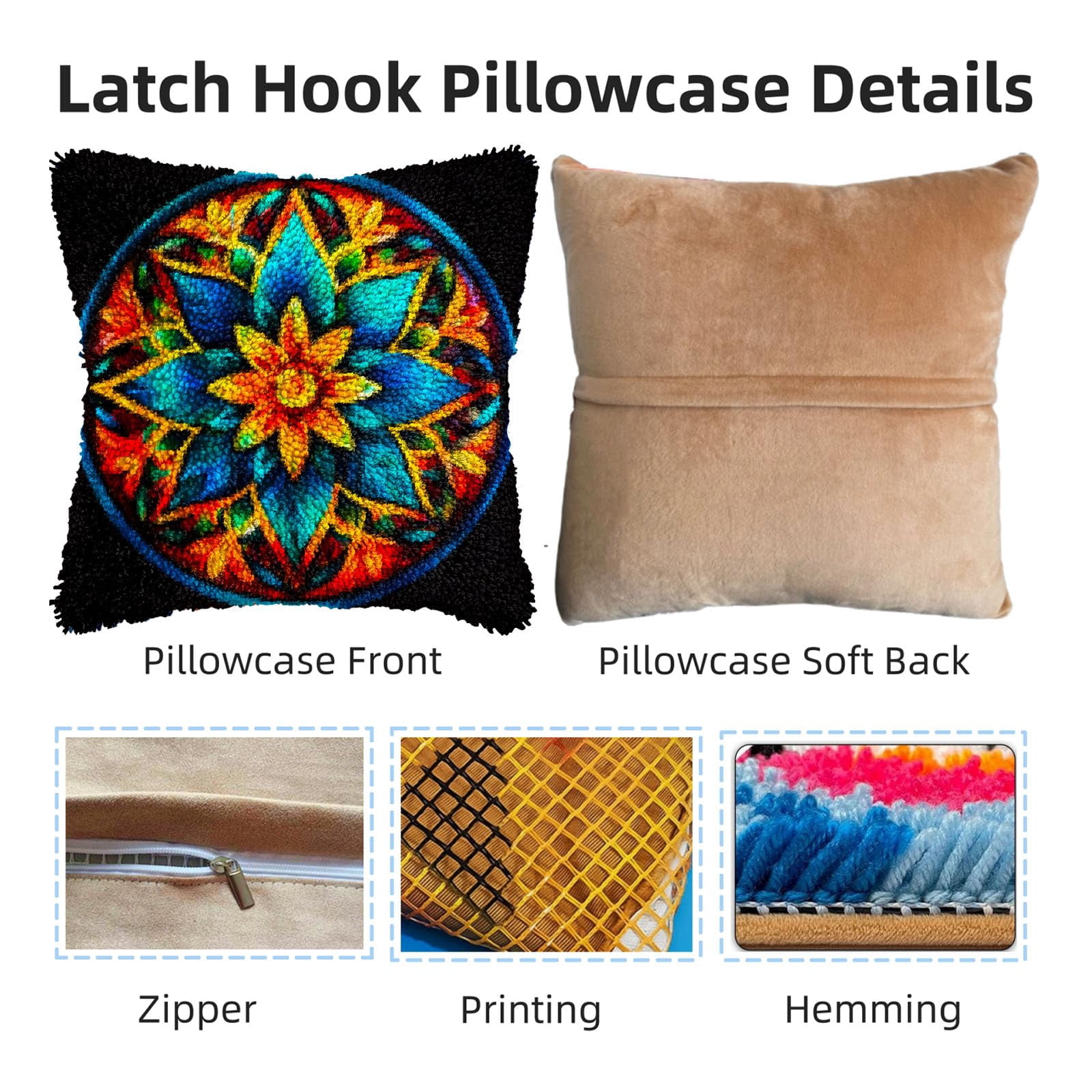 Colorful Mandala Pattern DIY Latch Hook Pillow Kits for Adults Printed Pillowcase Crochet Yarns Hooking Handmade Pillow Cover Cushion for Home Sofa Decoration 17x17inch(1)