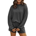 thumbnail image 2 of 2 Piece Ribbed Knit Loungewear Set Women's Long Sleeve Crew Neck Tops Elastic Waisted Shorts, Loose Comfortable Outfits Black M, 2 of 7