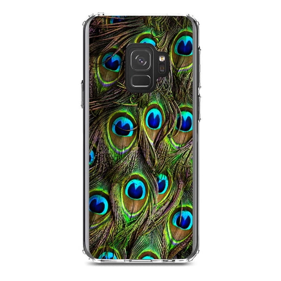 DistinctInk Clear Shockproof Hybrid Case for Samsung Galaxy S9 (5.8" Screen) - TPU Bumper, Acrylic Back, Tempered Glass Screen Protector - Peacock Feathers - Animal Print
