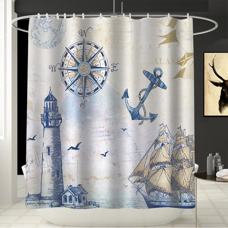 Nautical Shower Curtain, Sailboat Lighthouse Compass Anchor