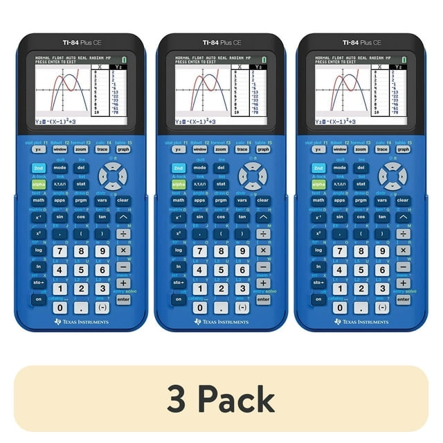 Pre-Owned Texas Instruments TI-84 Plus CE Graphing Calculator, Bionic Blue, 3-Pack, Rechargeable, High School and College