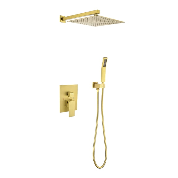 JERFIT 10 Inch Rain Shower System Wall Mounted in Brushed Gold, High Pressure Rainfall Showerhead with Handheld Shower, Brass Shower Faucet Set for Bathroom