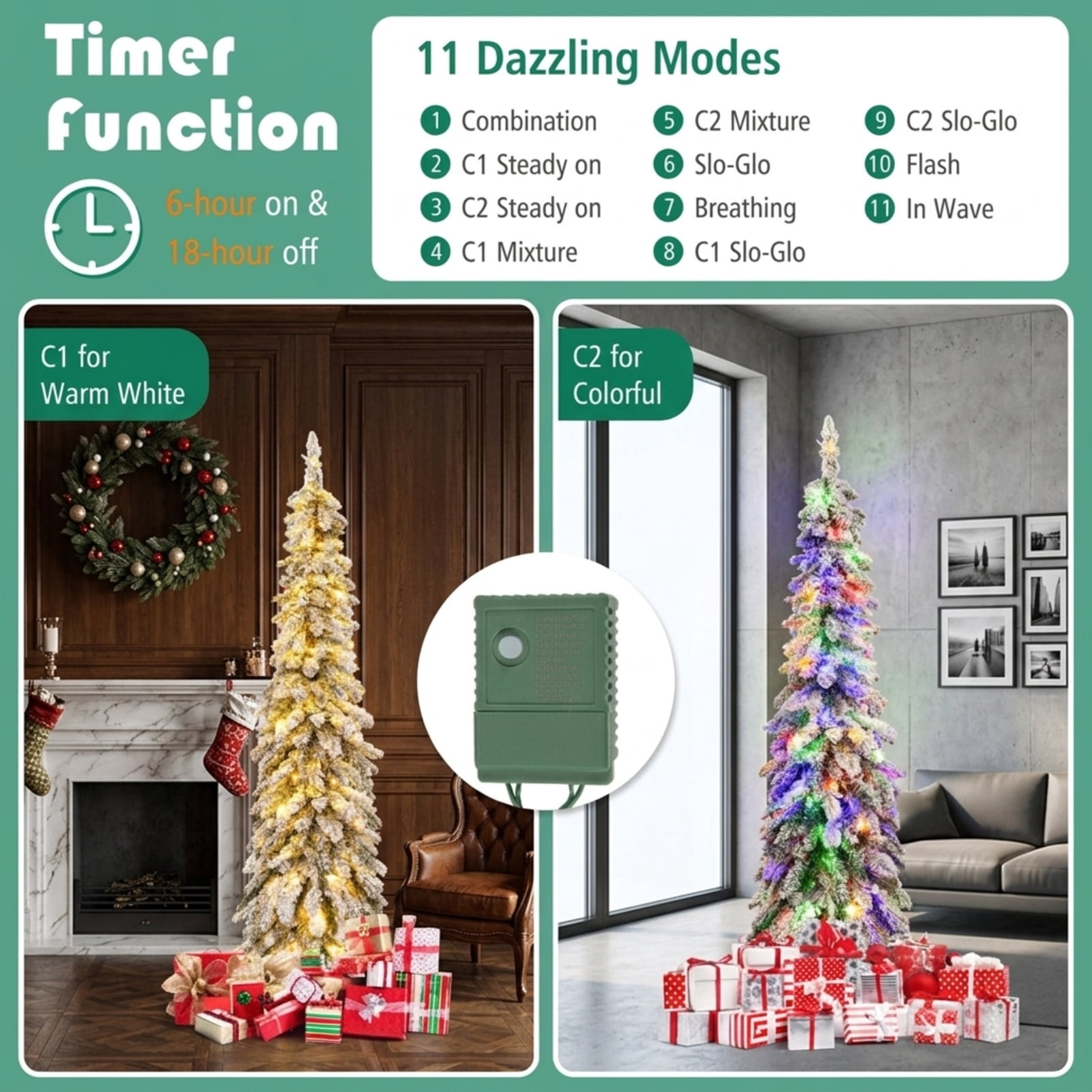 RUIE 5 ft Snow-Flocked Pencil Christmas Tree, Slim Pre-Lit Green White Xmas Tree with 150 LED Lights, 11 Modes and Timer