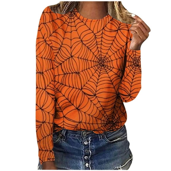 SOOMLON Women Witches Sweatshirt Fall Funny Spooky Horror Season Sweatshirt Halloween Graphic Tees Tops Long Sleeve Crewneck Spider Top Halloween Mesh Print T-Shirt Orange L