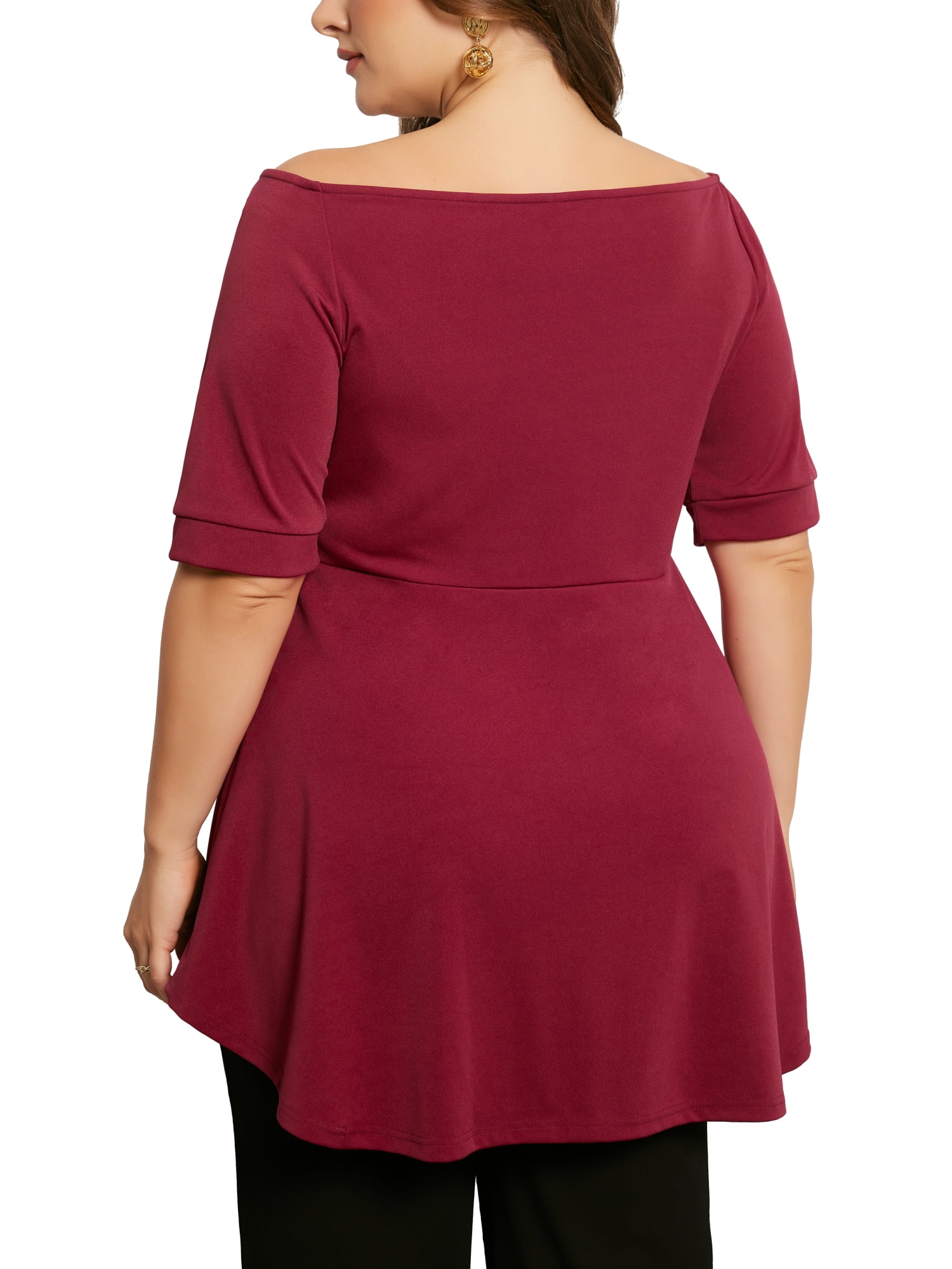DARING DIVA Women's Plus V Neck Short Sleeve Ruched Peplum Blouse 4X Burgundy