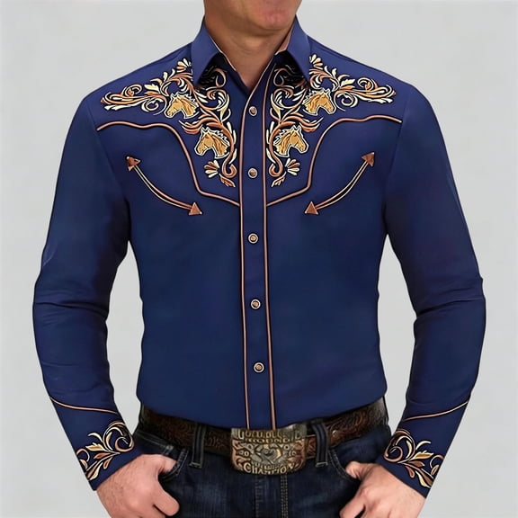 Men Western Cowboy Shirts Long Sleeve Button Down Floral Embroidered Lightweight Tops Navy L