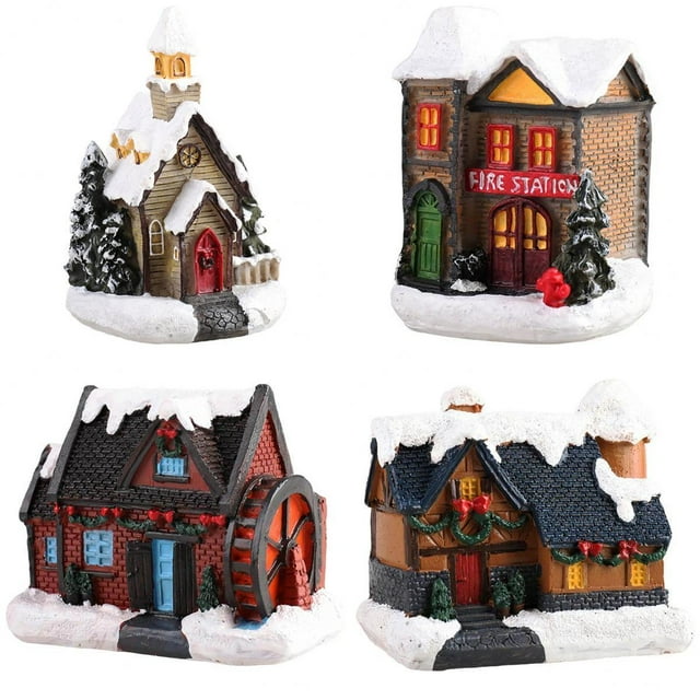4pcs Resina Navideña Casa de Nieve Lindo LED Pueblo Conjunto Decoración de Escritorio