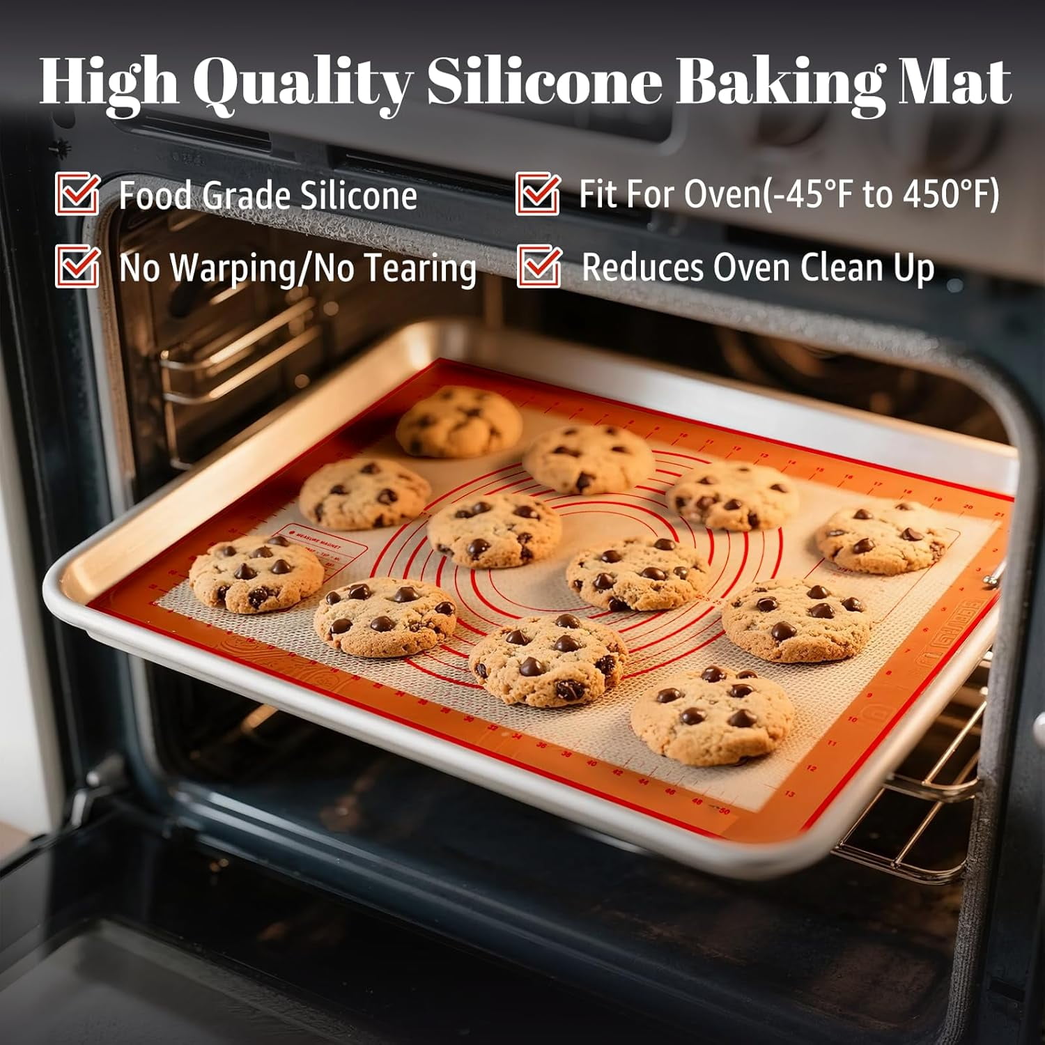 Silicone Baking Mat - Non Stick Pastry Mat Sheet for Dough Rolling, Thick Non-slip With Measurements, Reusable, Easy Clean (Red)