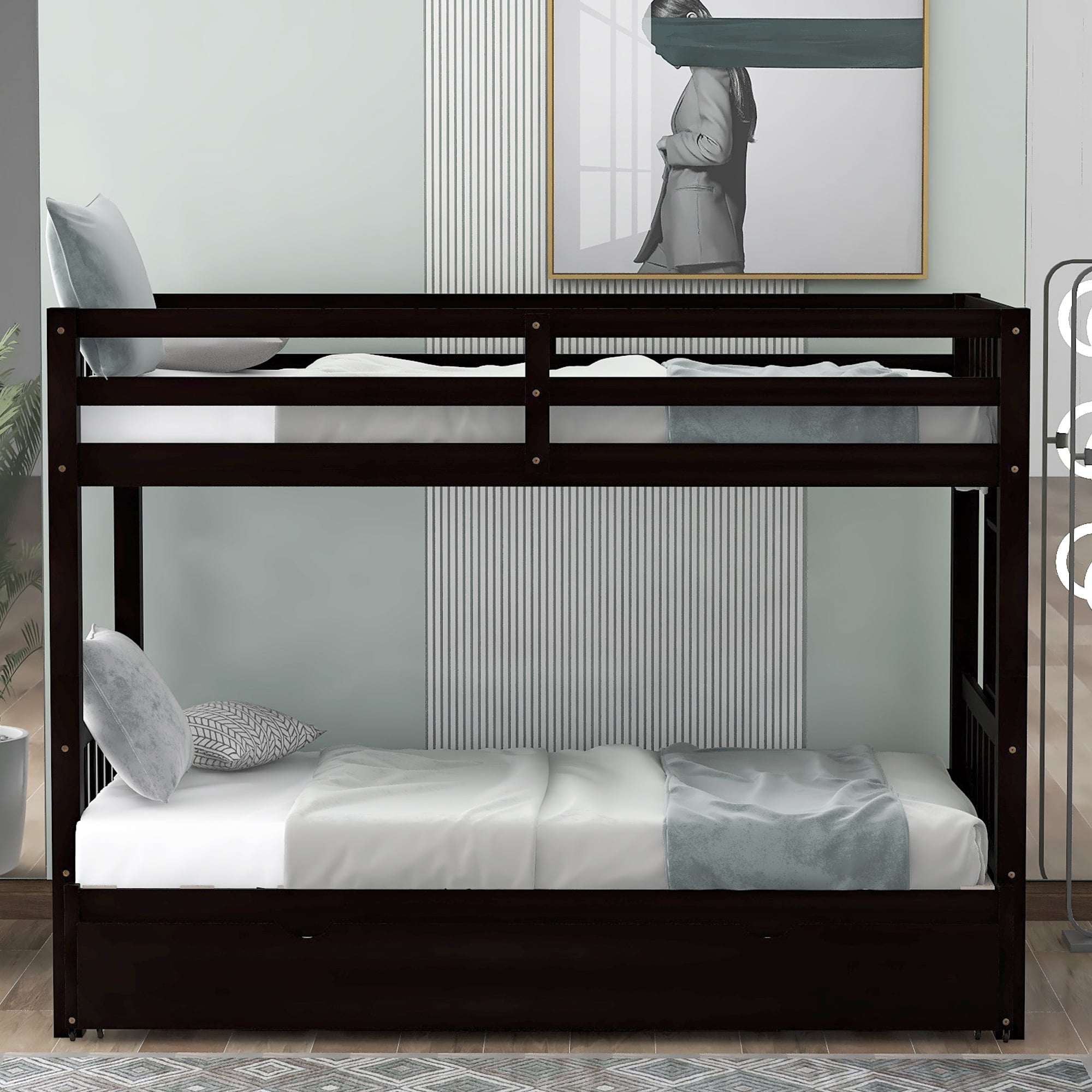Euroco Wood Twin over Twin Bunk Bed with Trundle for Kids Teens Room, Espresso