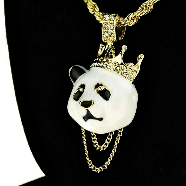 Crown Panda 24 inch Rope Chain Bear Bling Pendant White Head Gold Finish Hip Hop Necklace, Adult Unisex