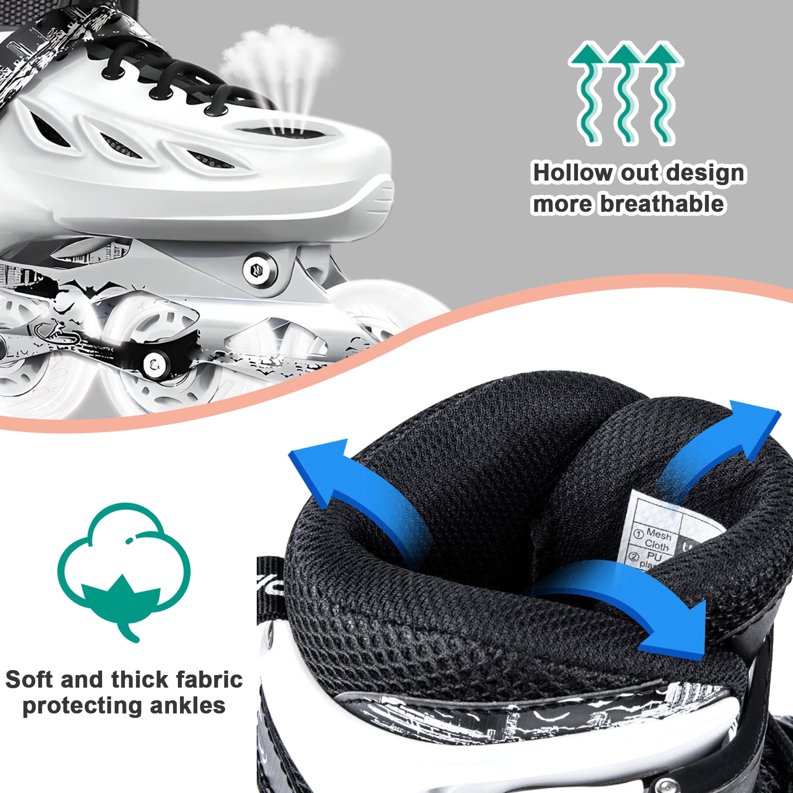 LPAMEOIU Youth Inline Skates with Light-Up-Wheel,Adjustable-Size Roller Skates for Girl Boy Teen(White,M)