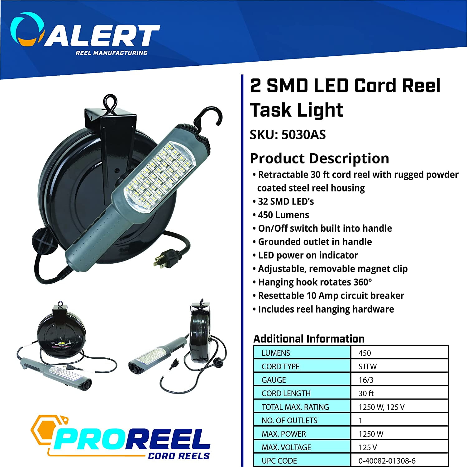 Alert Stamping 5030as 450-Lumen SMD LED Retractable Reel Work Light