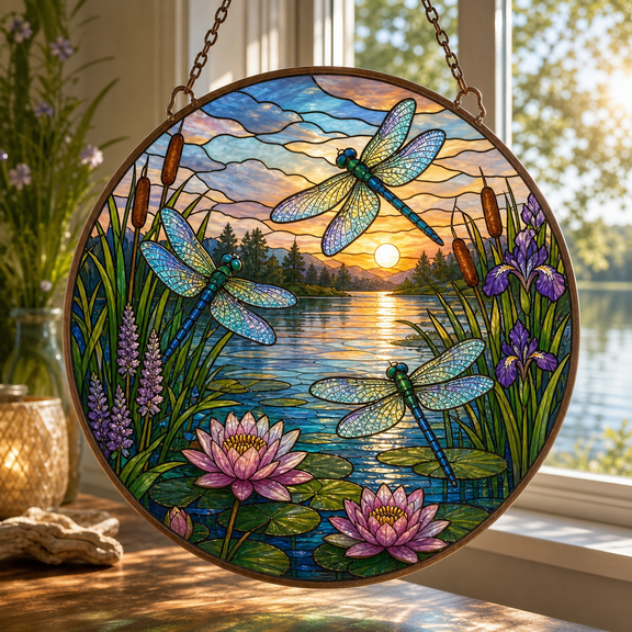 Dragonfly Suncatcher for Window Hanging, Stained Glass Lake Garden Window Decor