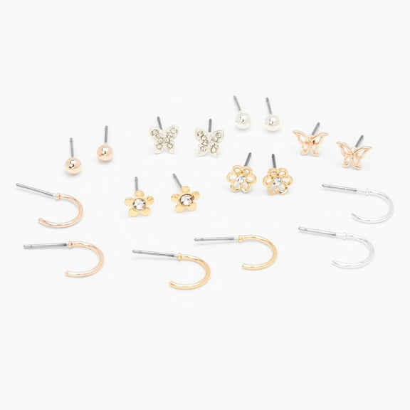 Claire's Mixed Metal Flower Butterfly Earrings - 9 Pack