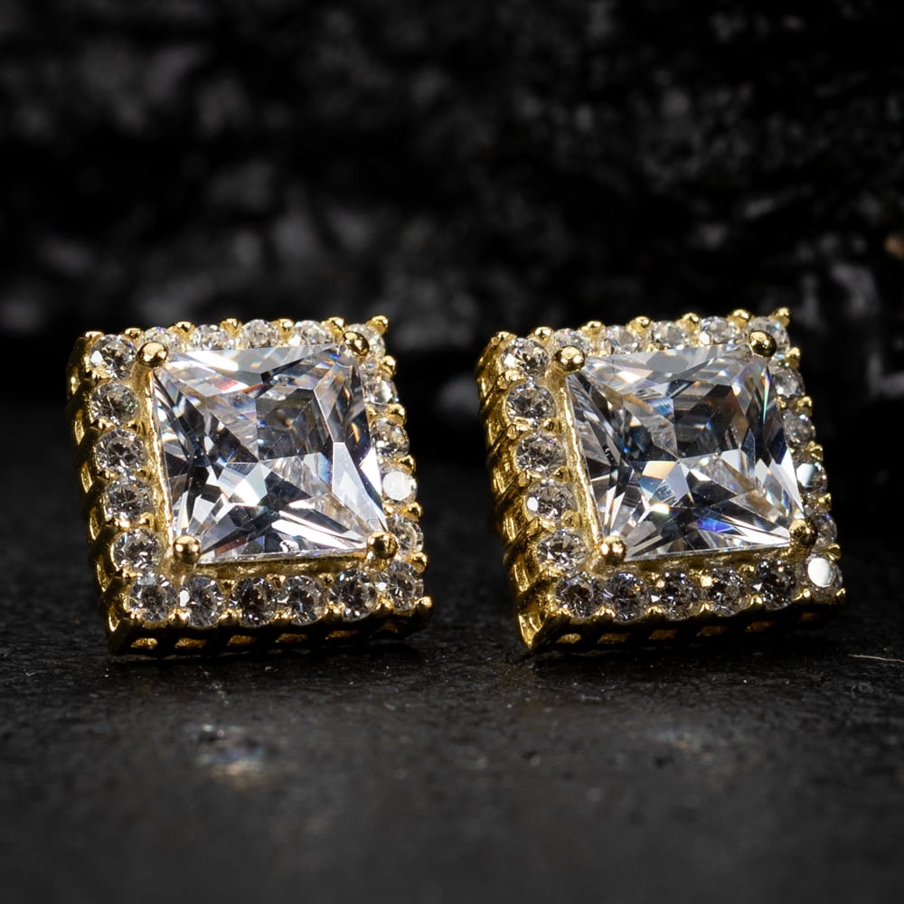Square Princess Cut Halo Gold Sterling Silver Stud Screw Back Earrings
