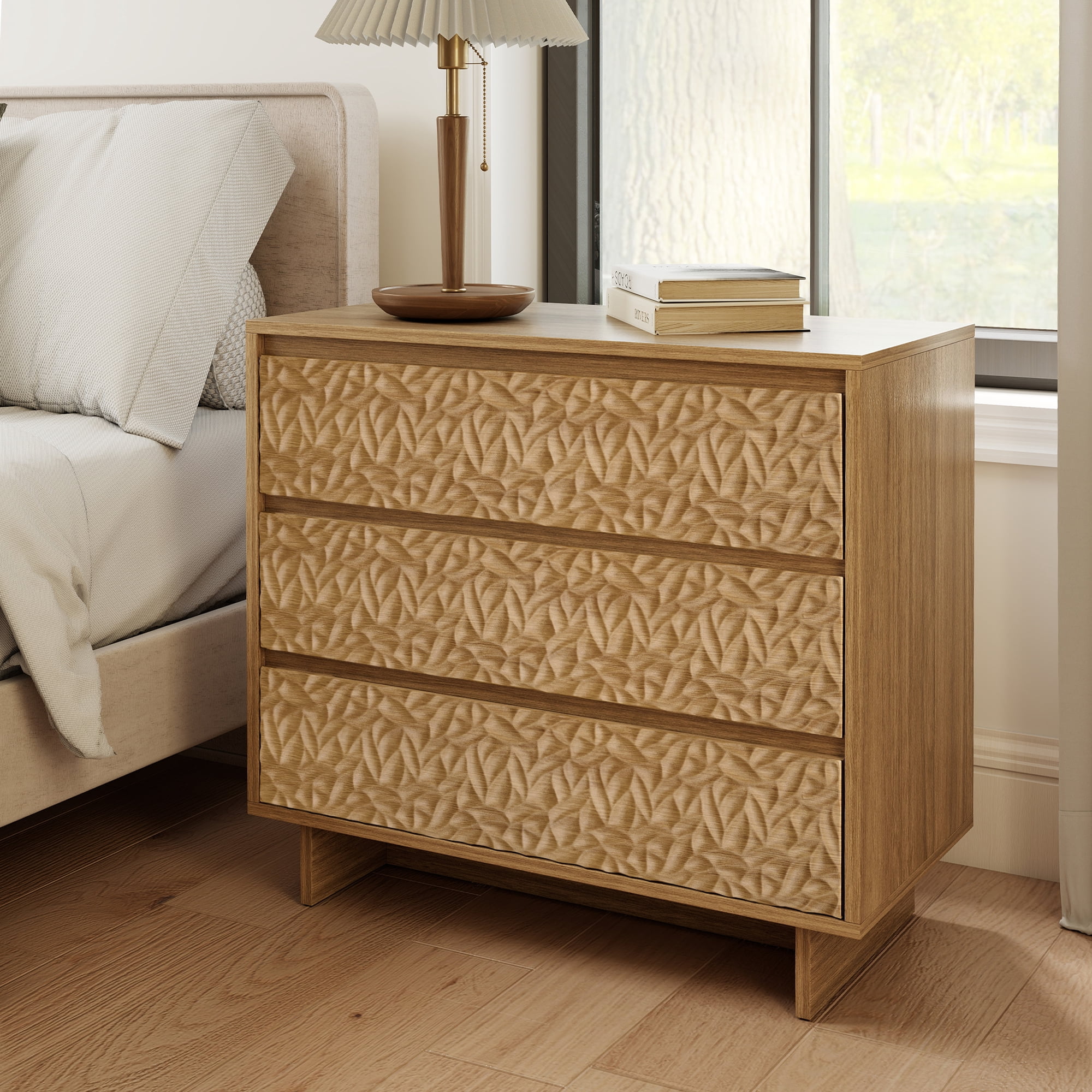 MOONMISS 3 Drawers Nightstand with Charging Station, Wood Night Stand with Waterproof Table Top for Bedroom, Livingroom, Natural Wood