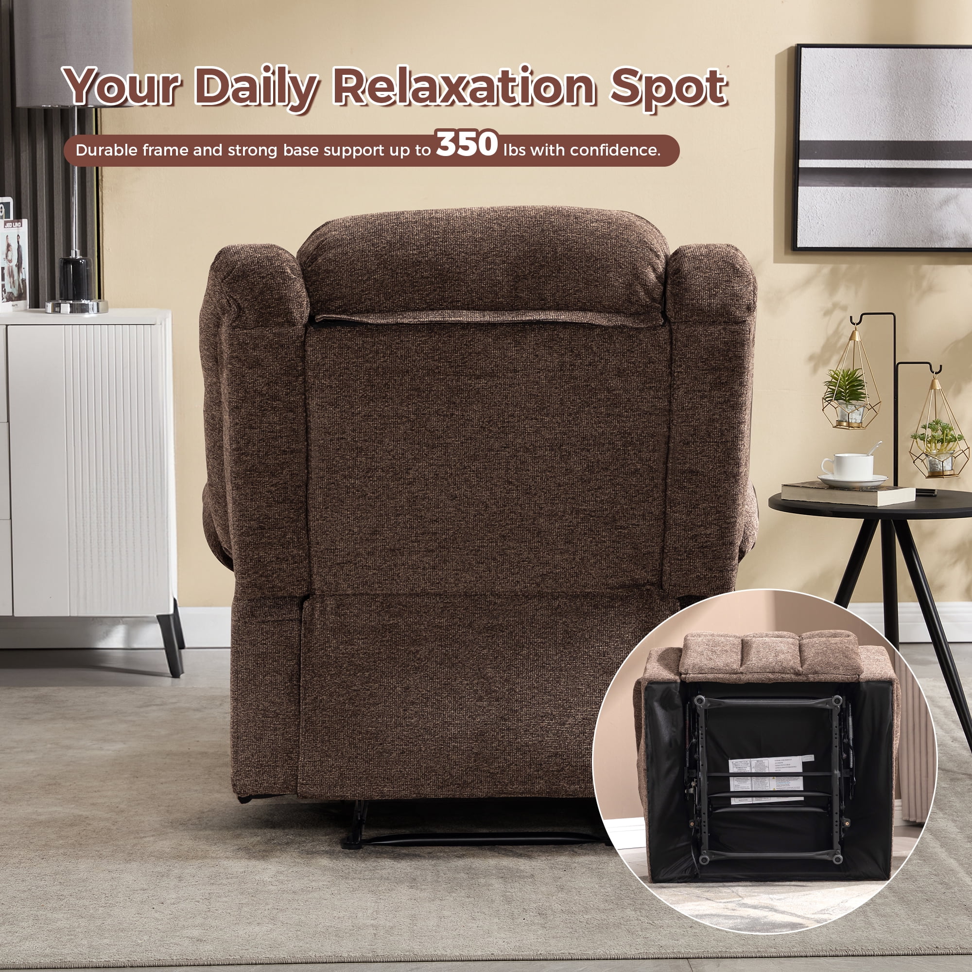Ebello Manual Recliner Chair with Massage & Heat, Soft Fabric Recliner Chair with Cup Holders and Side Pockets for Living Room, Brown