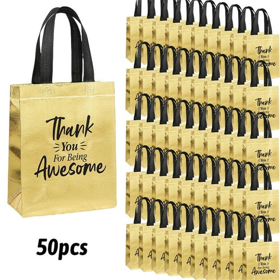 WSBArt 50 Pack Gold Glossy Thank You For Being Awesome Reusable Tote Gift Bags with Handles Durable PVC Material for Parties Events Celebrations Favors Gifts