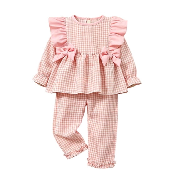JAJAHO Toddler Girls Clothes Baby Outfits Long Sleeve Plaid Bowknot T Shirt Ruffles Pants Spring Fall 2 Piece Set 6M-4Y Comfy Outfit