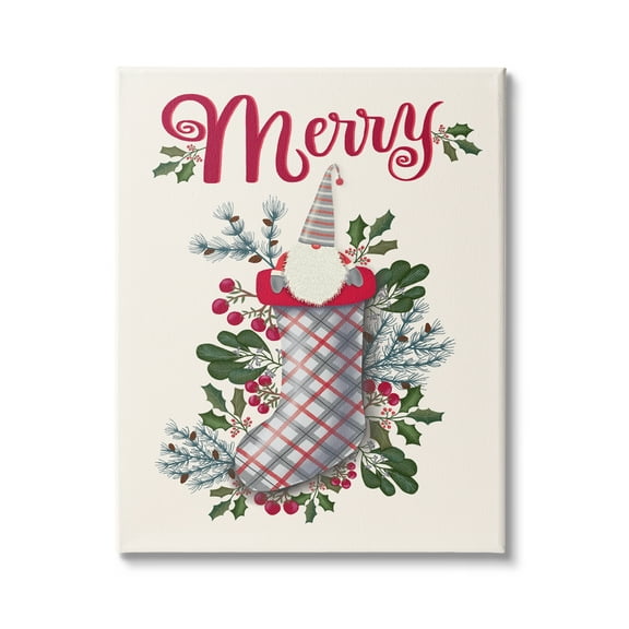 Stupell Indtries Merry Sentiment Christmas Gnome in Plaid Holly Stocking,36 x 48,Design by Darlene Seale