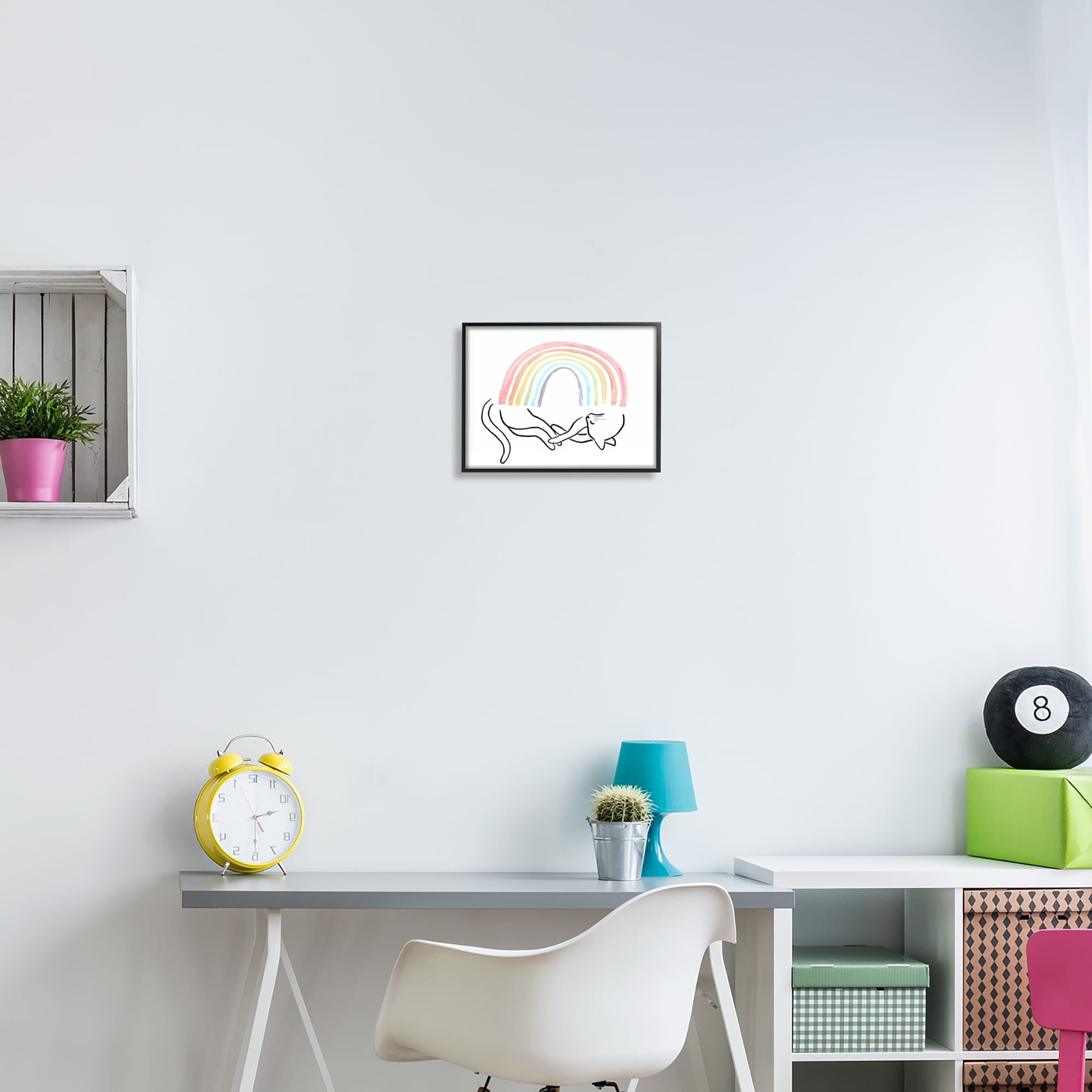 Stupell Industries Sleeping Cat Rainbow Pet Animals & Insects Painting White Framed Art Print Wall Art