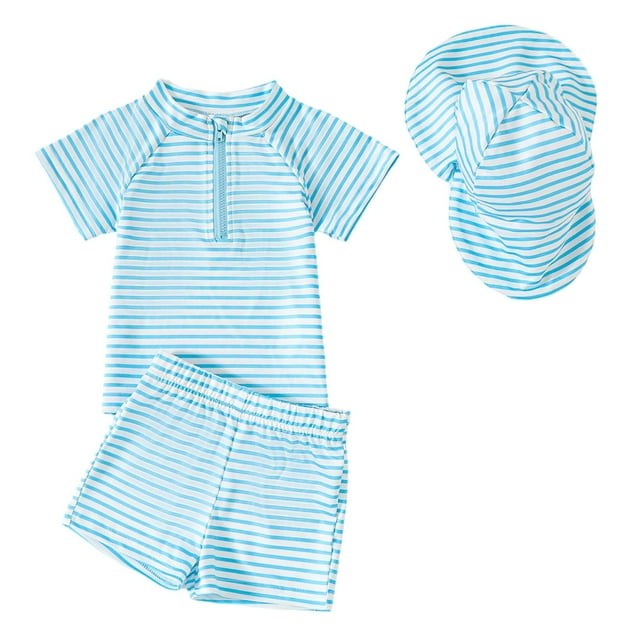 Hiiyo Boys Striped Swimsuit Short Sleeve UPF 50+ Rash Guard & Swim Trunks & Hat