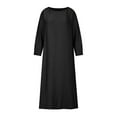 thumbnail image 5 of Fesfesfes Women Linen Robe Round Neck Loose Long Sleeve Dress Solid Color Mid-Calf Long Dress, 5 of 9