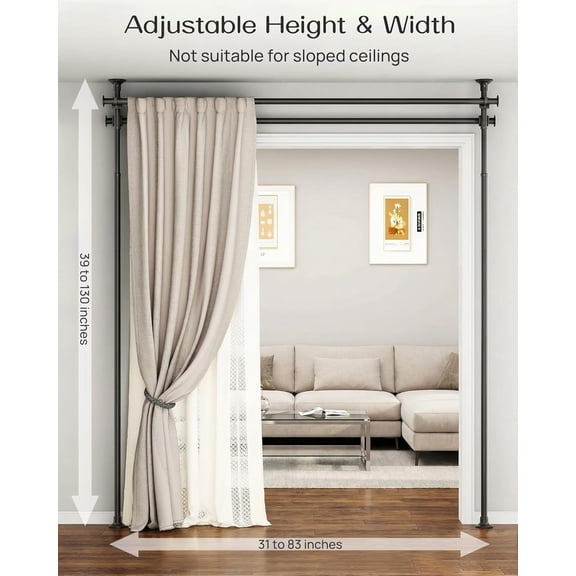 Tension Double Curtain Rods for Windows ,31 to 83 Inch Wide, Adjustable No Drill Curtain Rods for Living Room,Bedroom,Decorative Window Treatment,Renter Friendly,39 to 130 Inch Height,Black