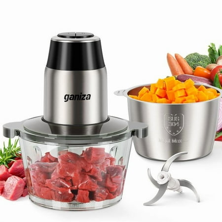 Big Promotion Food Processor, 2-Speed Food Chopper Meat Grinder with 8 Cup Stainless Steel & 8 Cup Glass Bowls, Upgraded Button & Smart Overheat Protection Light - Includes Clean Brush, 2 Sets of Bla