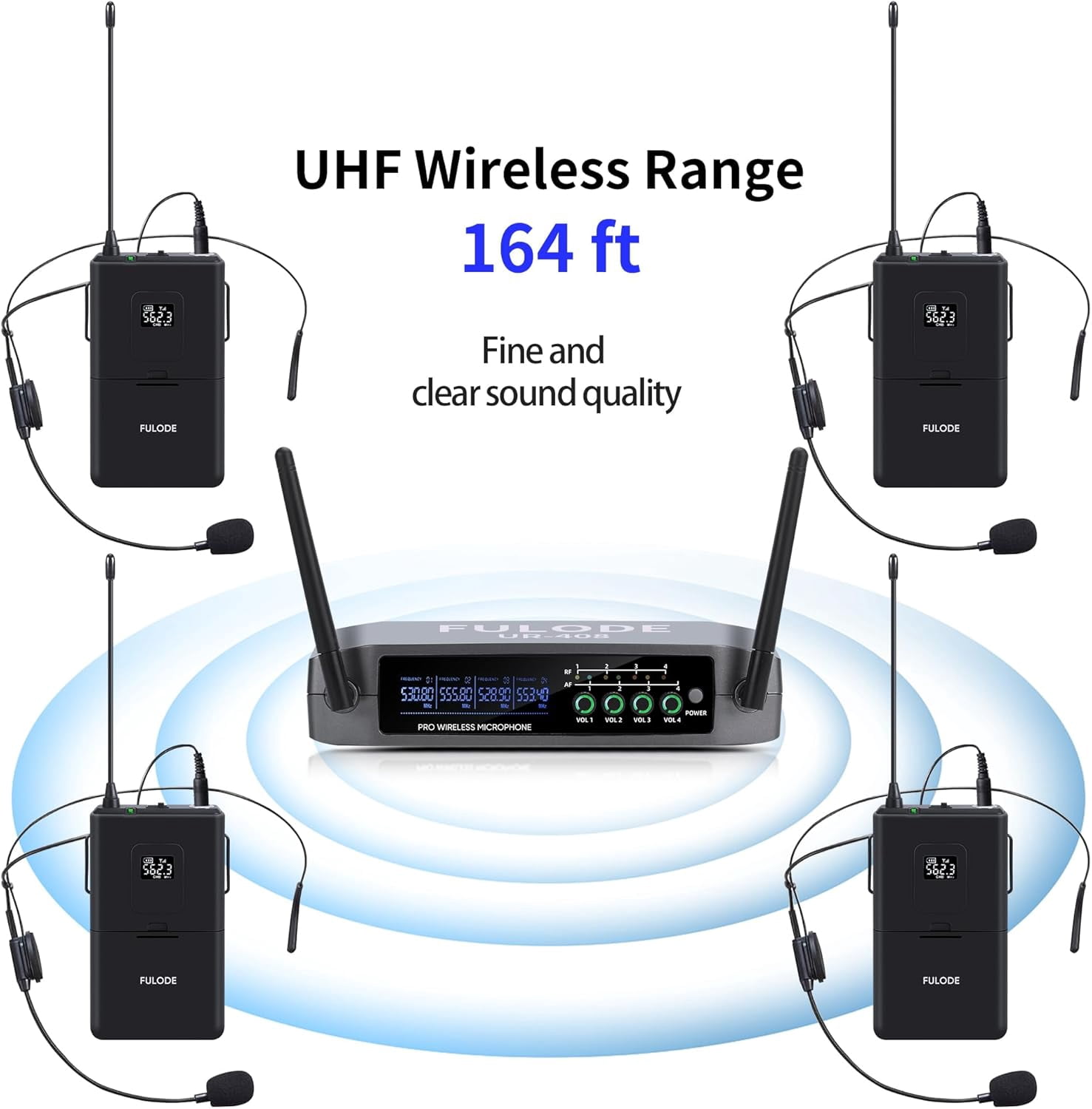UR-408 4 Channel Professional Wireless Microphone System with 4 Lavalier 4 Headset Mics, Ideal for Home Party Singing Karaoke Meeting Church Event TV Speaker