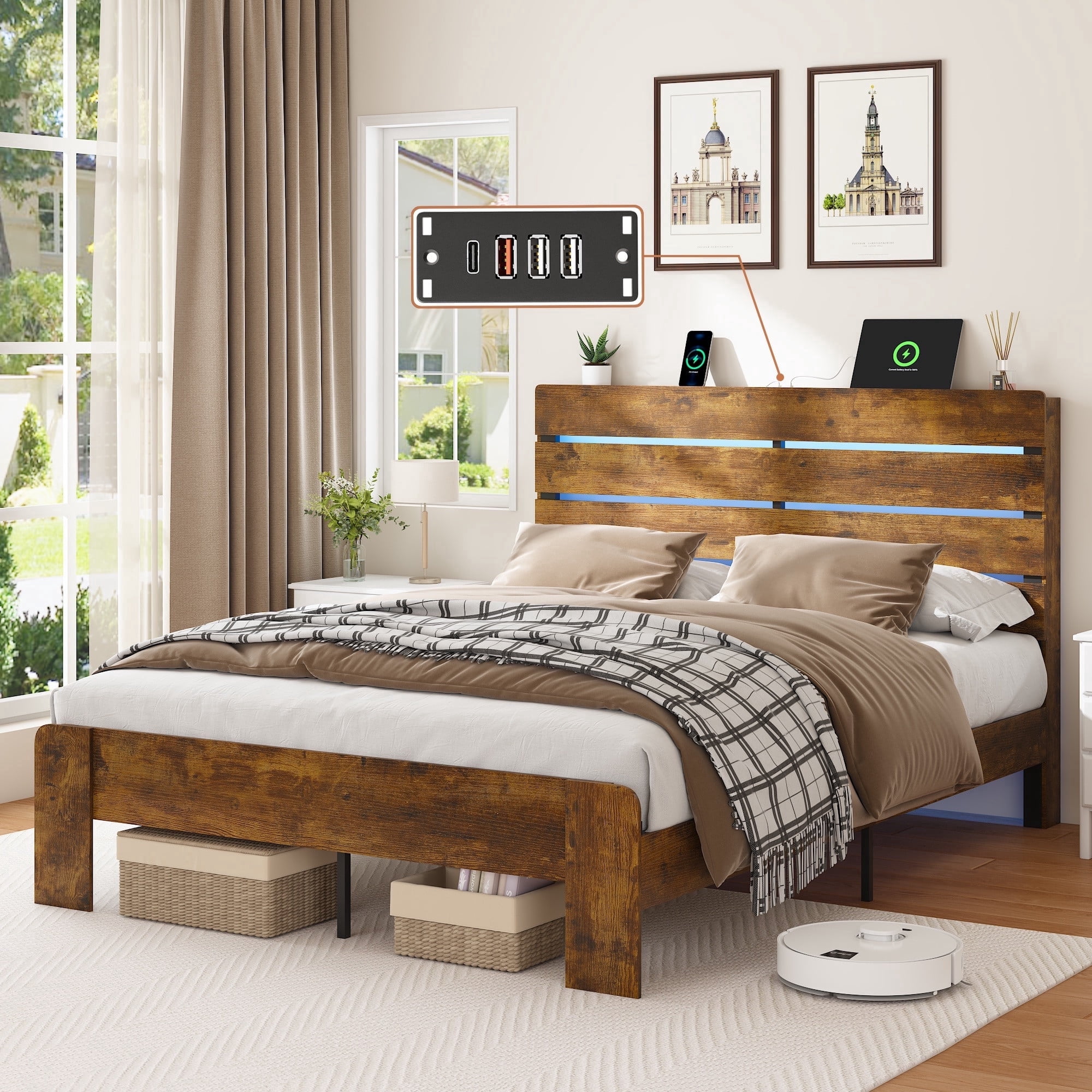 Wood Queen Bed Frame with Headboard, Holaki Rustic Farmhouse Platform Bed Frame with USB Port & LED Lights, Heavy-Duty Wood & Metal Frame, No Box Spring Needed, Easy Assembly