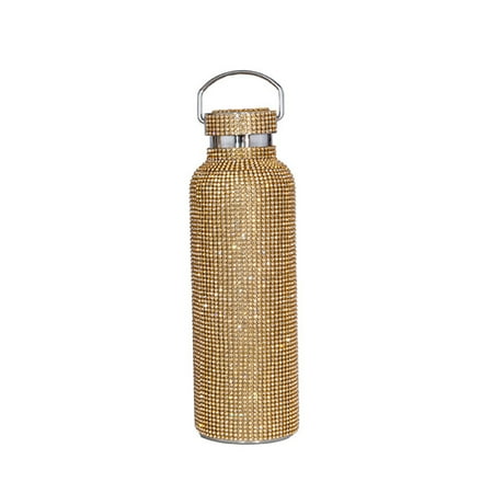 

ADVEN 350/500/600/750ml Glitter Vacuum Flask Rhinestone Straight Cup with Handle Coffee Tea Milk Water Bottle Thermal Kettle Banquet Golden/750ml