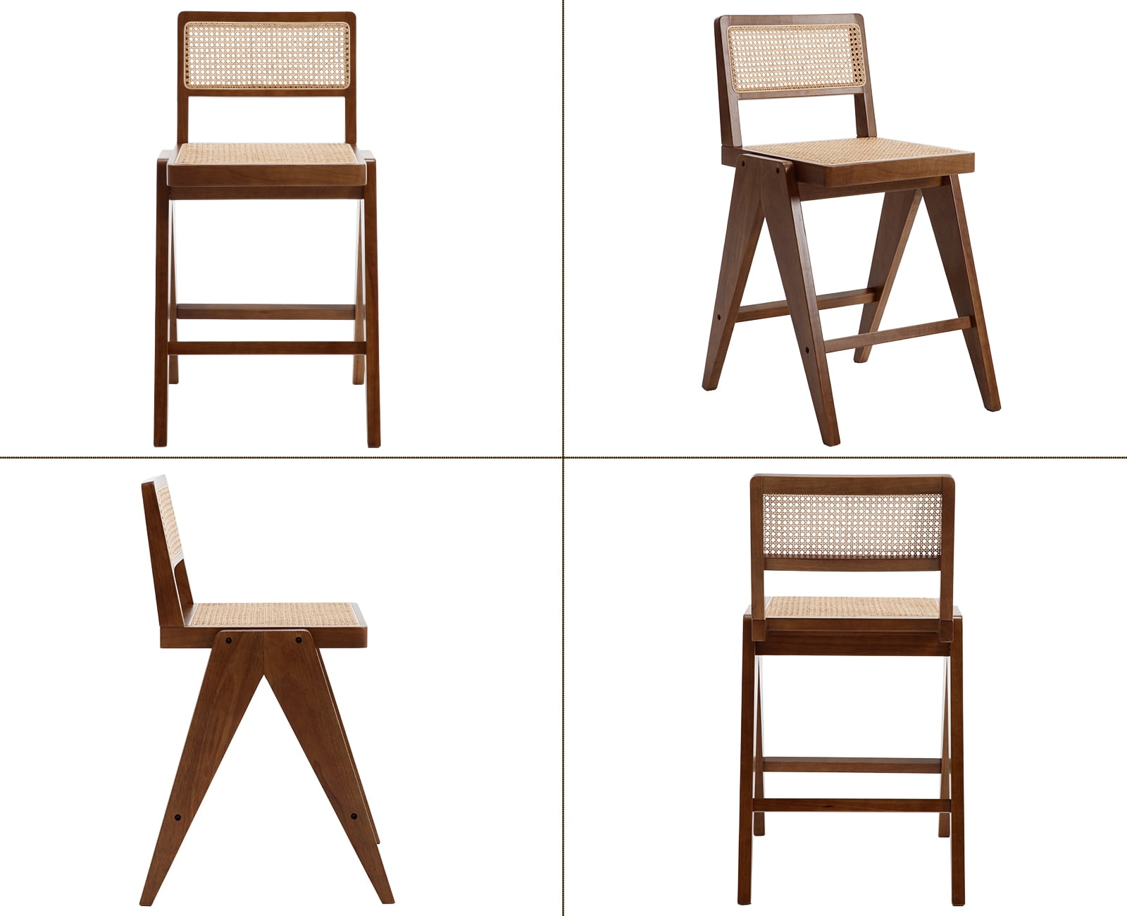 Dayalane 26" Rattan Counter Height Bar Stools Set of 2, French Bar Stools with Cane Back, Wooden Farmhouse Kitchen Chairs Counter Stools with Footrest for Kitchen Island Bistro Bar, Walnut