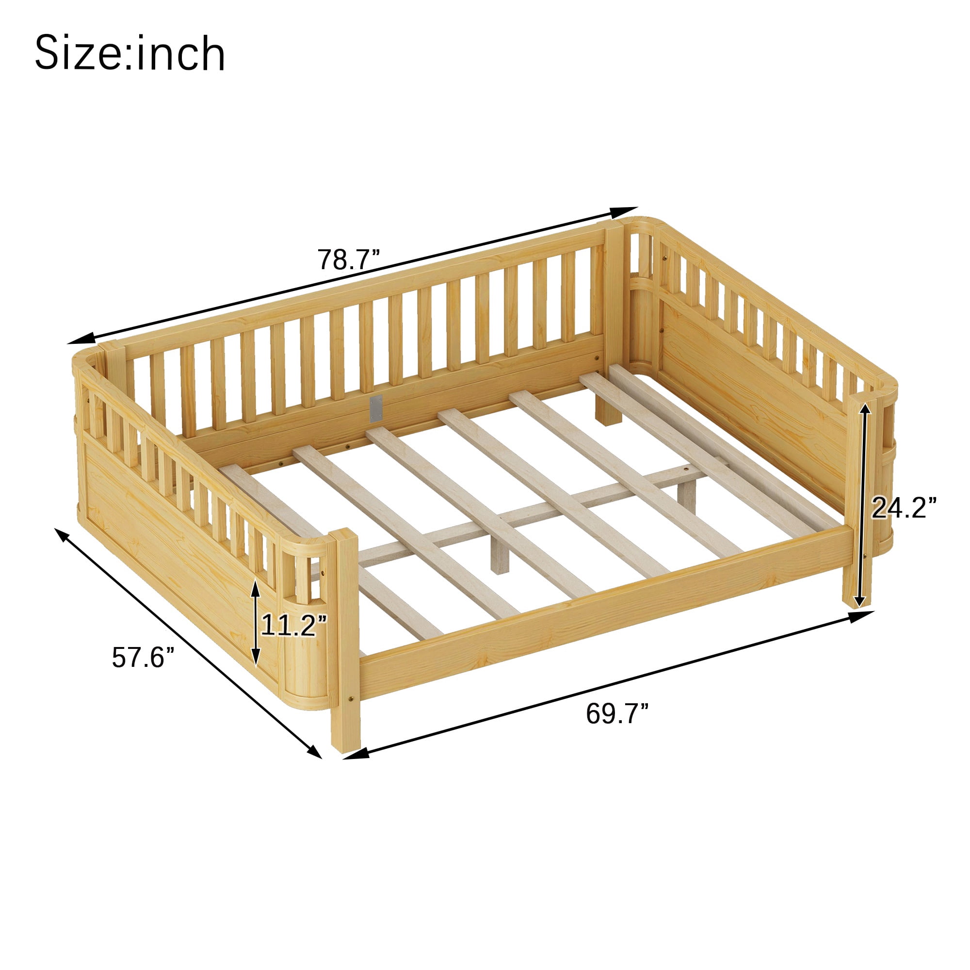 Sesslife Wood Full Platform Bed Frame, Full Size Bed Frame with Salts and Safety Fence for Boys Girls, Low Profile Bed Full with Removable Guardrail, No Box Spring Needed, Natural