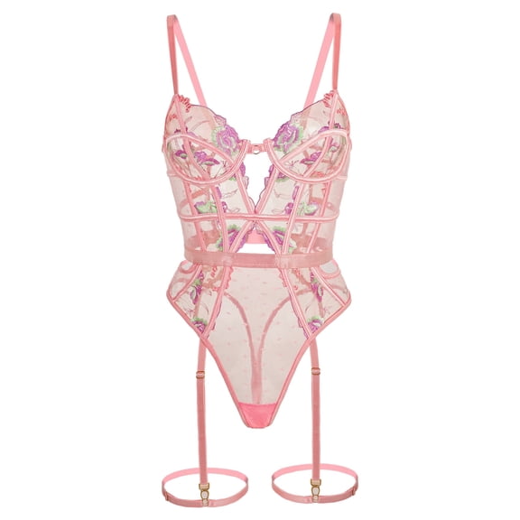 Pink Deluxe Floral Embroidered Bodysuit (PINK, S)
