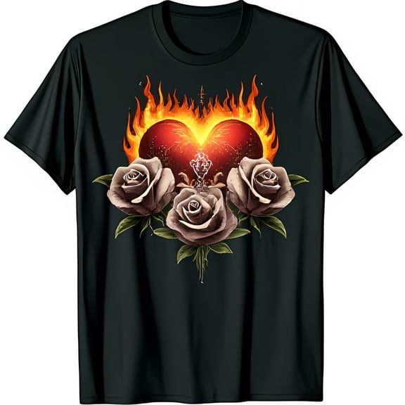 Heart on Fire Graphic Black T-Shirt with Elegant Roses Design Bold & Unique