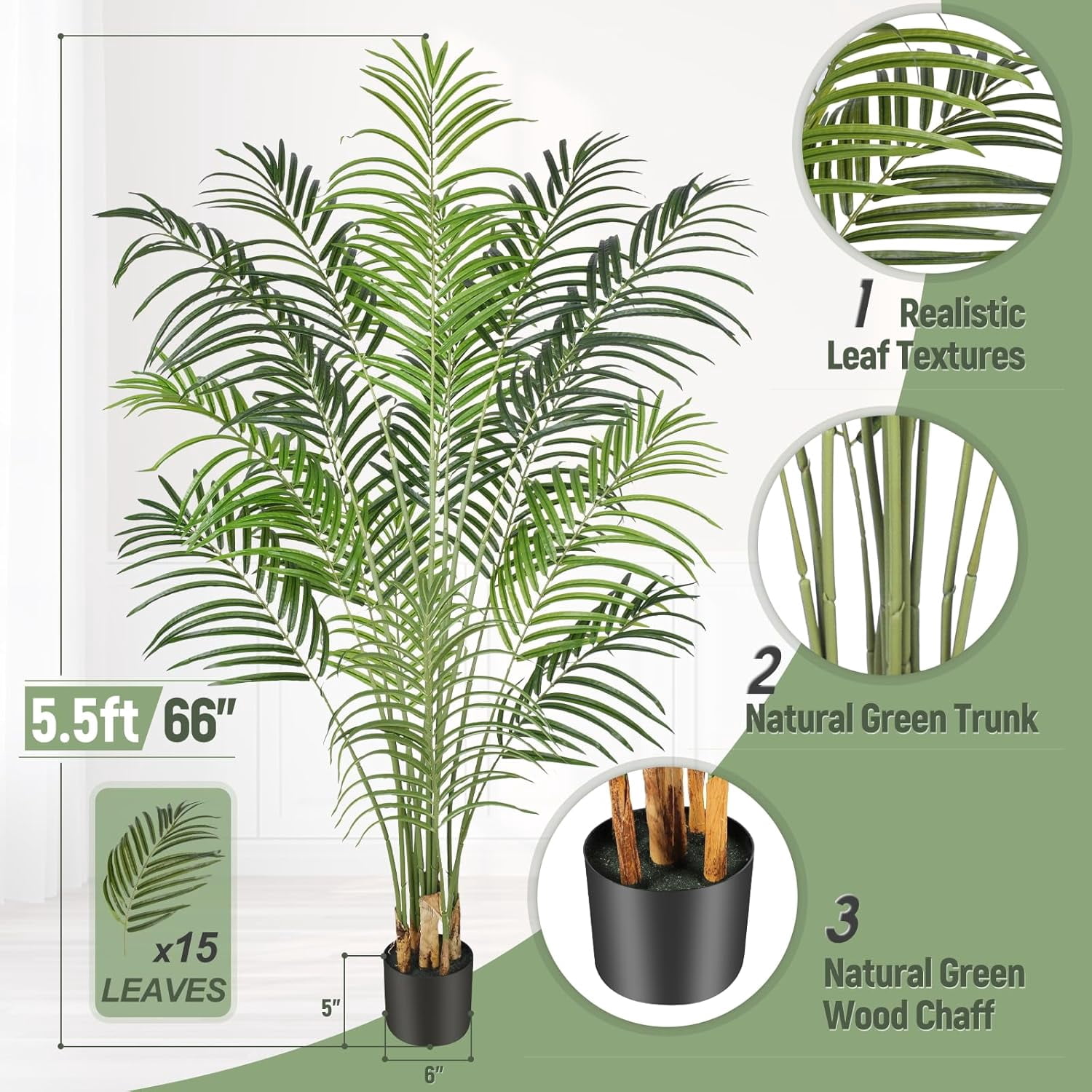 Keeplush 5.5ft Artificial Palm Tree Indoor Plant Tall Fake Tropical Paradise Palm Tree in Pot with Real Bark Design Faux Areca Palm Tree for Home Office Living Room Bedroom Farmhouse Modern Decor