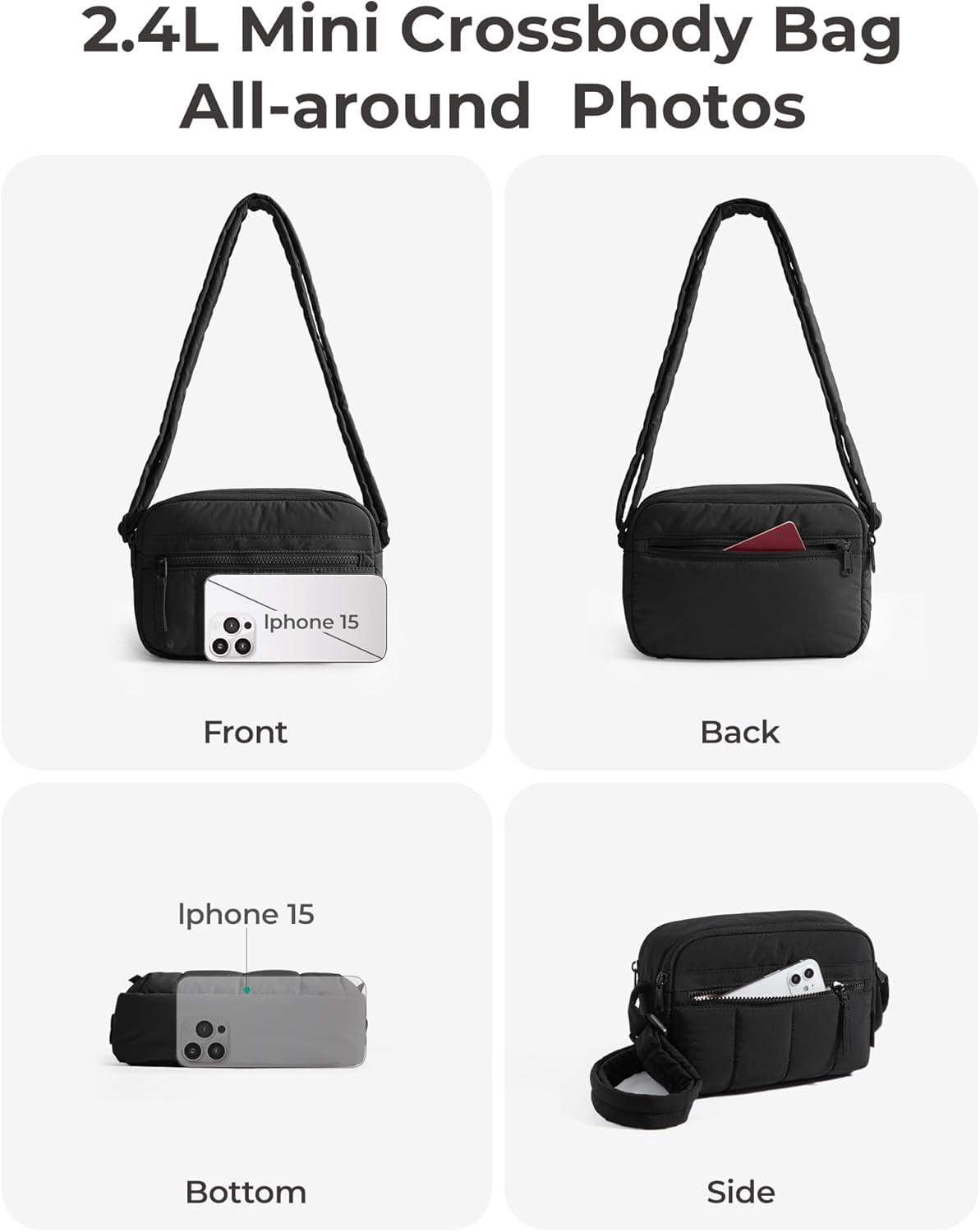 Kwuty Cross Body Purse, Mini Crossbody Bags for Women Travel Purse, Puffy Shoulder Handbag Wallet with RFID Blocking Slots,（Black-Small）