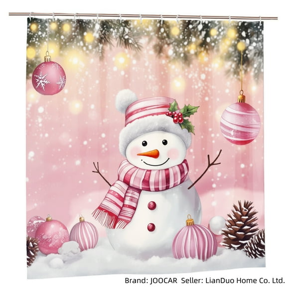 JOOCAR Christmas Snowman Shower Curtain with Pink Ornaments and Holly for Home Bathroom Bath Tub Decoration 72x72 inch